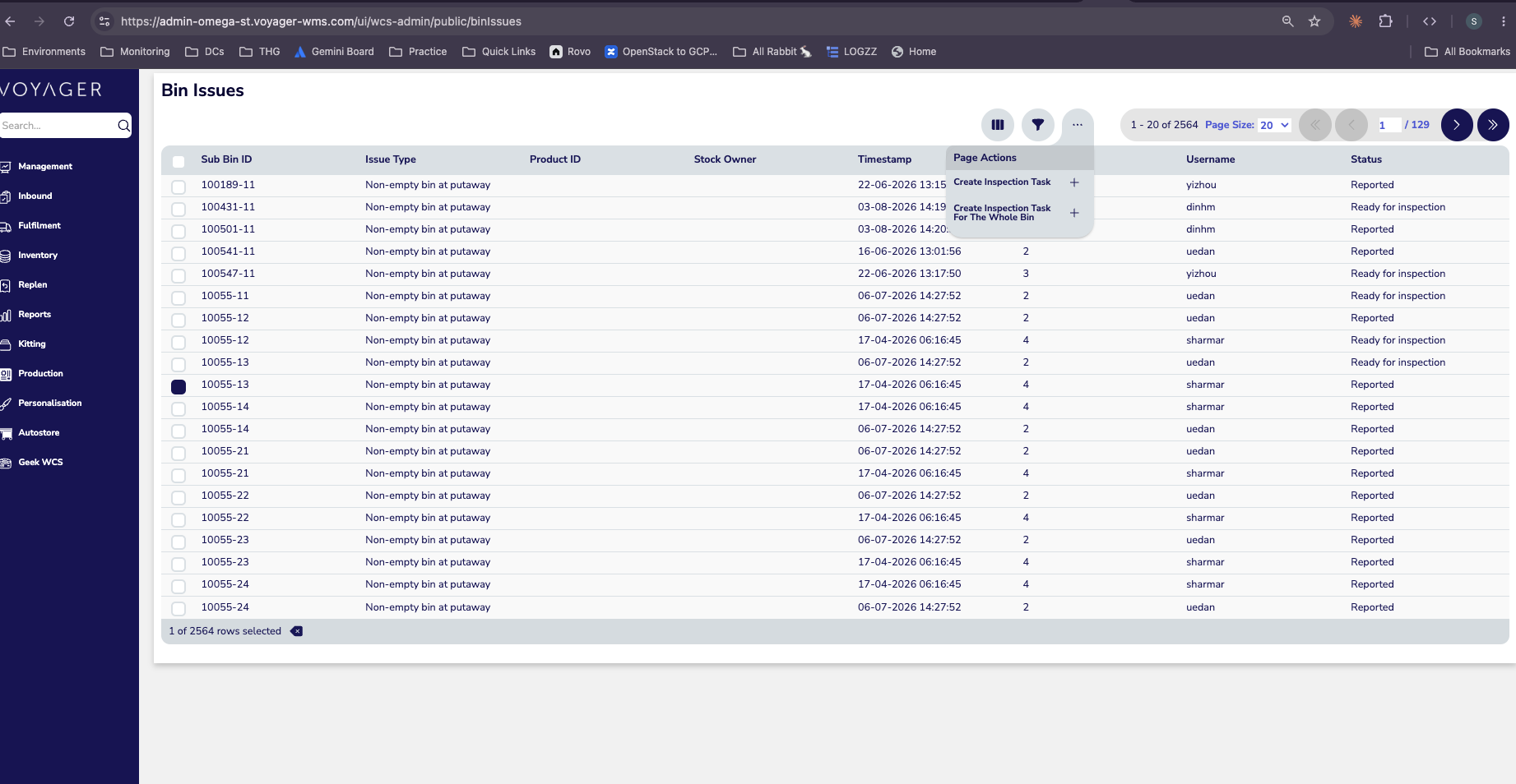 Bin Issues page with Page Actions dropdown open