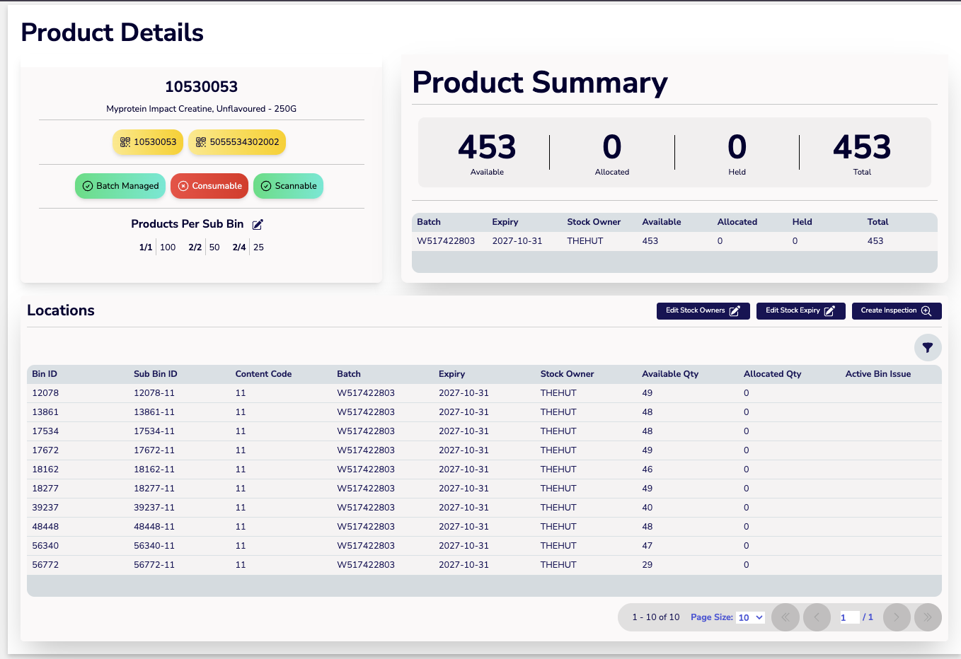 Product Details page with Create Inspection button