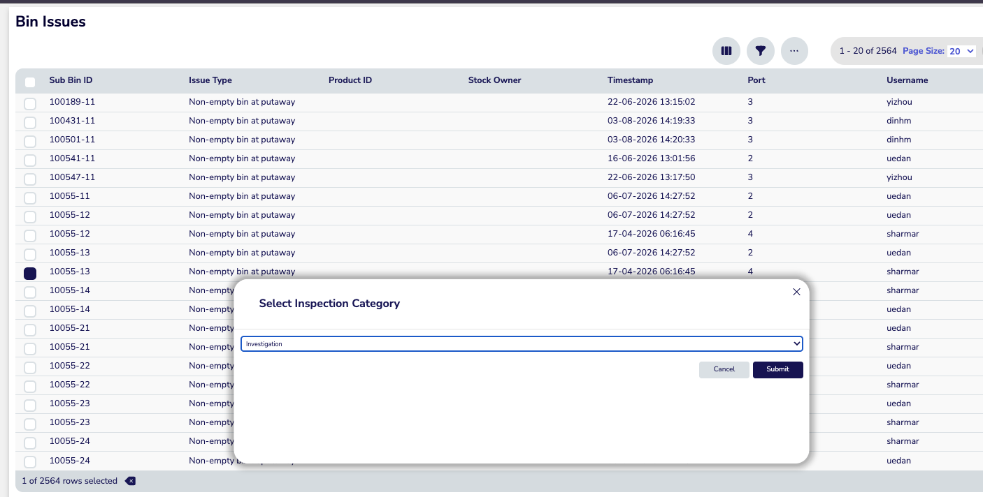 Select Inspection Category modal with Investigation selected