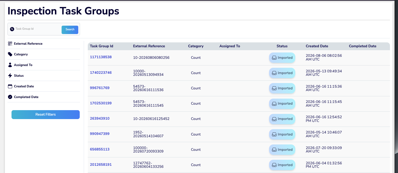 Inspection Task Groups page showing Category column